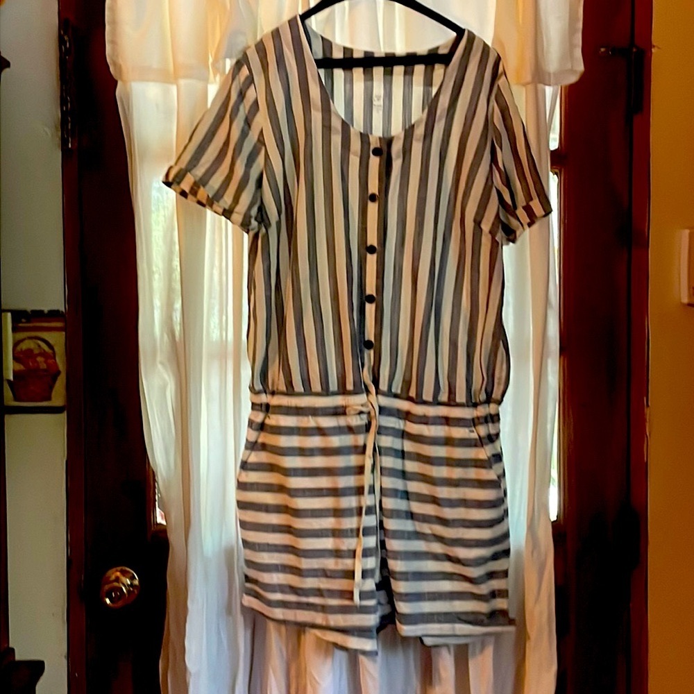 LOFT blue white ROMPER striped 4 pockets Drawstring waist COTTON 14